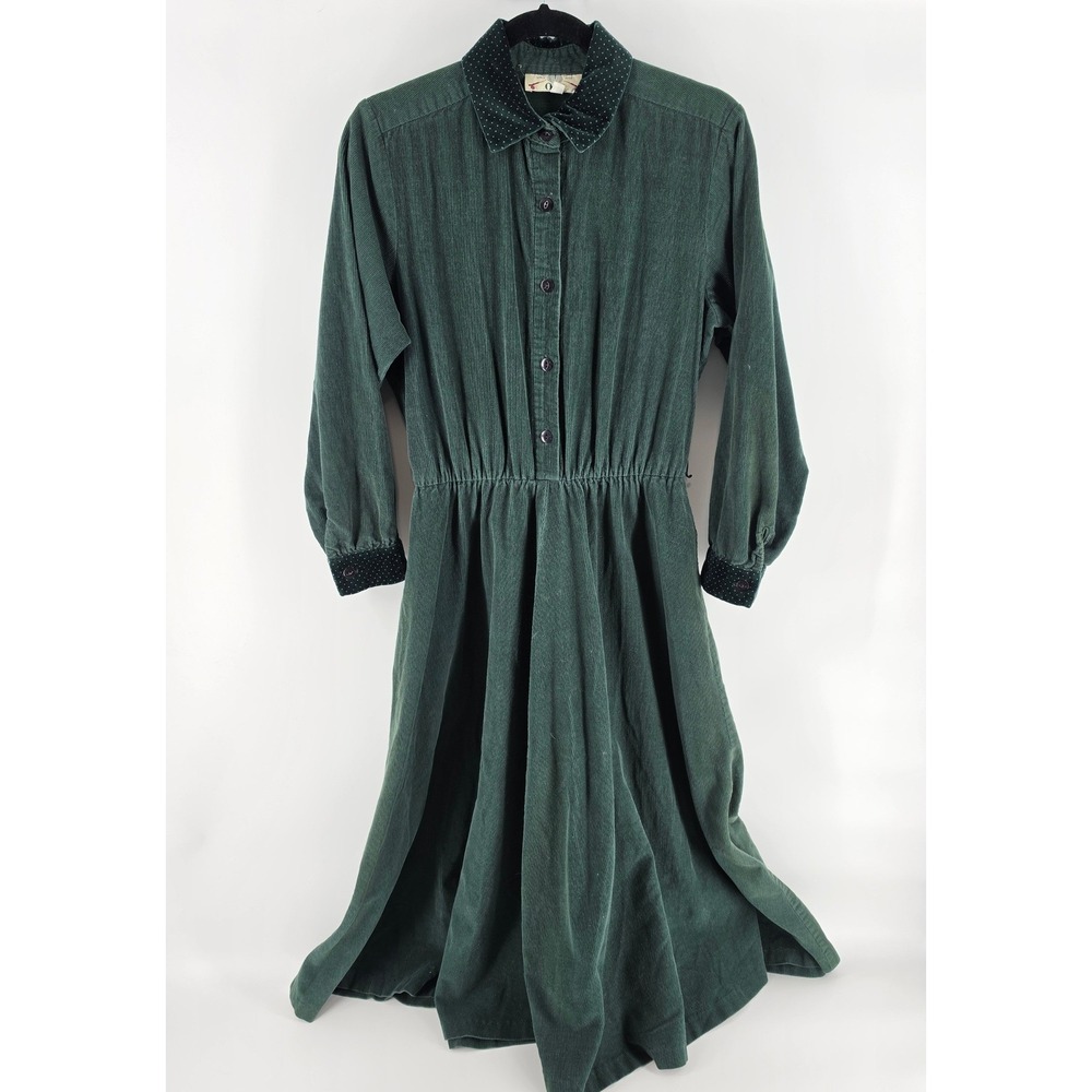 Vintage Orvis Green Corduroy Dress 14 Velvet Trim Polka Dot Midi Rustic Country